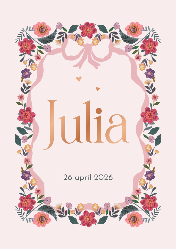 Geboortekaartjes - Geboortekaartje bloemen en roze strik