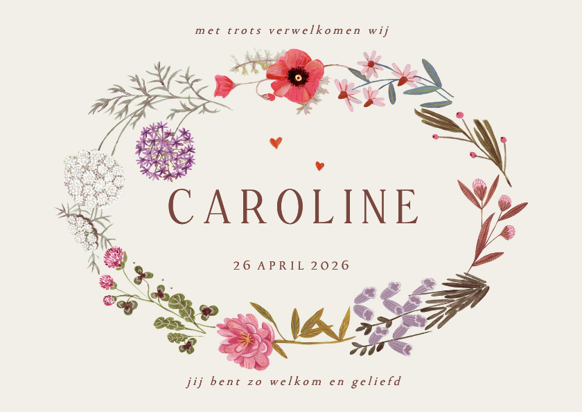 Geboortekaartje bloemen krans ovaal klassiek - Geboortekaartjes Geboortekaartjes - Geboortekaartje bloemen krans ovaal klassiek