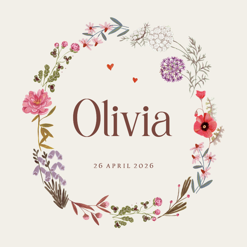 Geboortekaartjes - Geboortekaartje bloemen krans rond