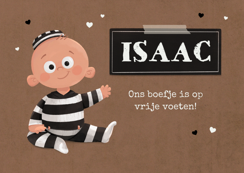 Geboortekaartjes - Geboortekaartje boef baby zwart wit kraft hartjes bruin