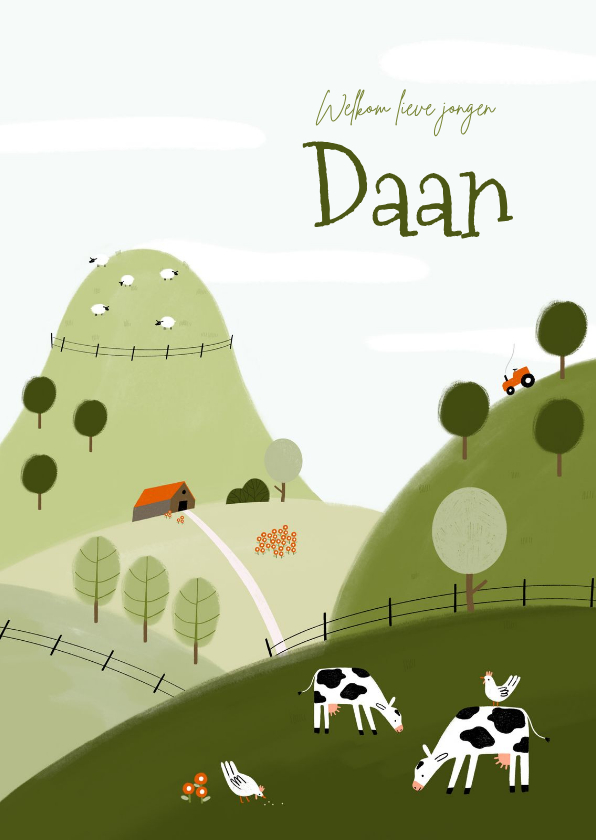 Geboortekaartje boerderij koe schaap kip heuvels - Geboortekaartjes Geboortekaartjes - Geboortekaartje boerderij koe schaap kip heuvels