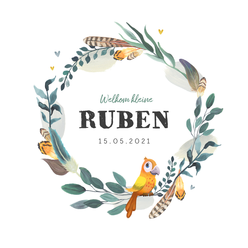 Geboortekaartje bohemian met geïllustreerd vogeltje - Geboortekaartjes Geboortekaartjes - Geboortekaartje bohemian met geïllustreerd vogeltje
