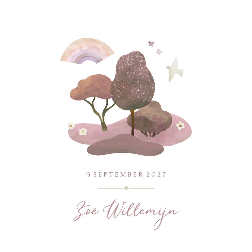 Geboortekaartje bomen regenboogje & vogel roze - Geboortekaartjes Geboortekaartjes - Geboortekaartje bomen regenboogje & vogel roze