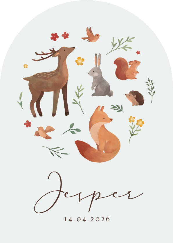Geboortekaartjes - Geboortekaartje boogvorm dieren lente bloemen lief