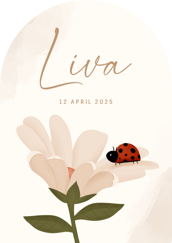 Geboortekaartje boogvorm met lieveheersbeestje op bloem - Geboortekaartjes Geboortekaartjes - Geboortekaartje boogvorm met lieveheersbeestje op bloem