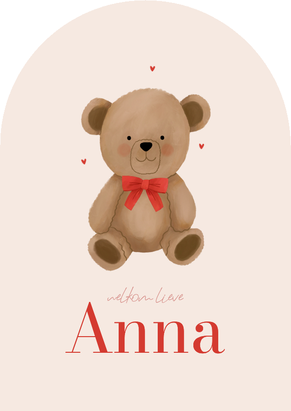 Geboortekaartjes - Geboortekaartje boogvorm teddybeer met strik hartjes roze