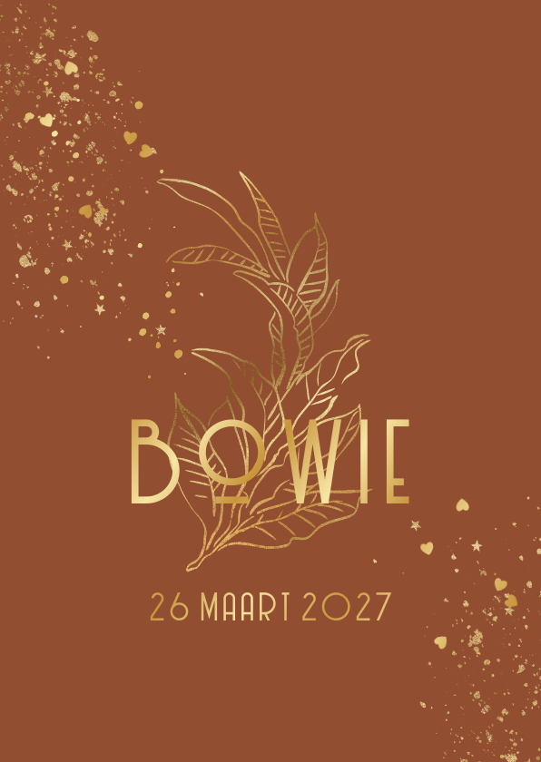 Geboortekaartje botanisch blad goudfolie hartjesconfetti - Geboortekaartjes Geboortekaartjes - Geboortekaartje botanisch blad goudfolie hartjesconfetti