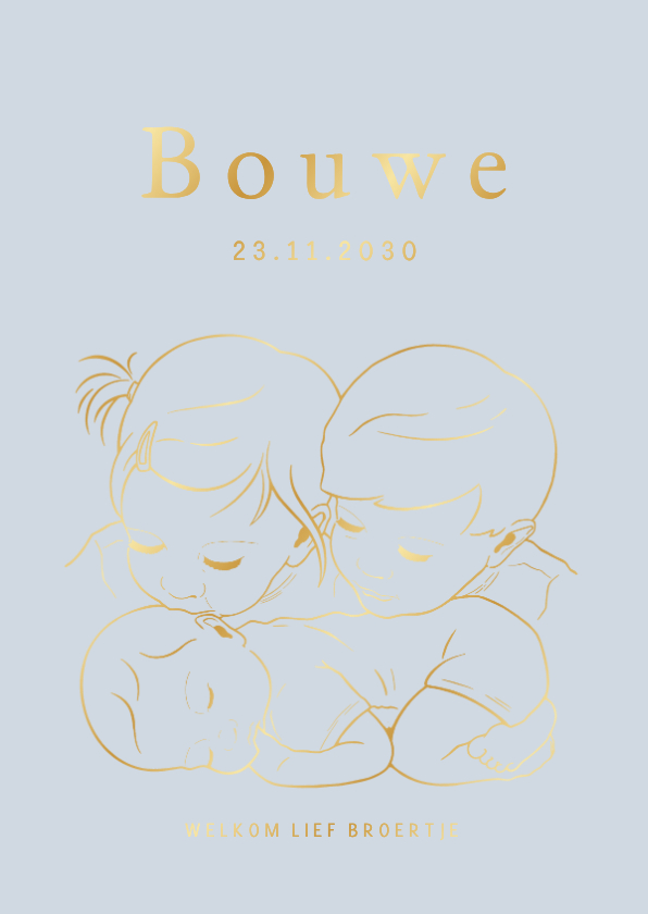 Geboortekaartje broer en zus met baby – goudfolie - Geboortekaartjes Geboortekaartjes - Geboortekaartje broer en zus met baby – goudfolie