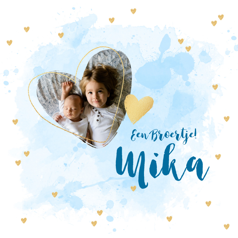 Geboortekaartje broertje foto hartjes aquarel - Geboortekaartjes Geboortekaartjes - Geboortekaartje broertje foto hartjes aquarel