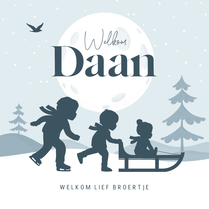 Geboortekaartjes - Geboortekaartje broertje winter slee sneeuw silhouet