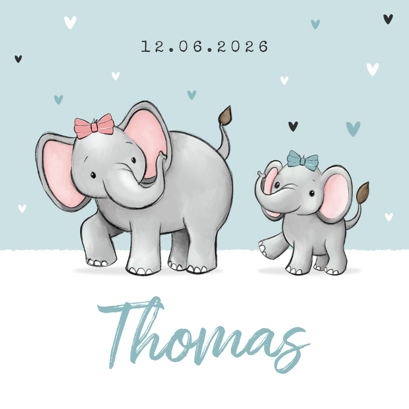 Geboortekaartje broertje zus olifantjes hartjes strikjes - Geboortekaartjes Geboortekaartjes - Geboortekaartje broertje zus olifantjes hartjes strikjes