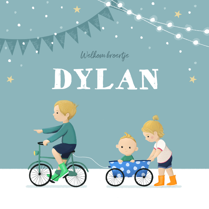 Geboortekaartjes - Geboortekaartje broertje zusje fiets feestje slingers