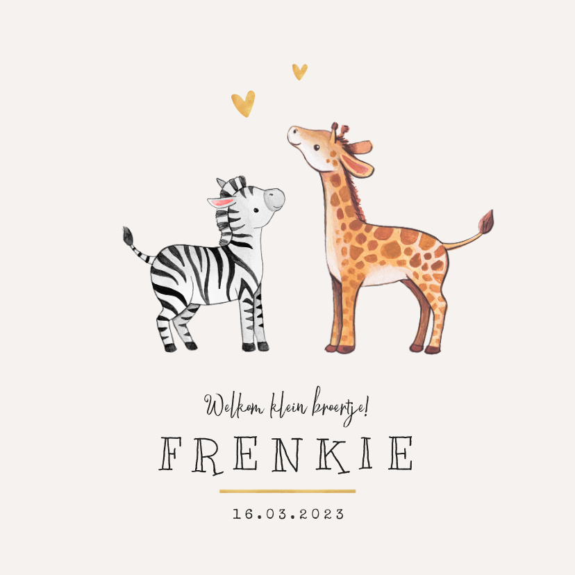 Geboortekaartje broertje zusje giraf zebra hartje goud - Geboortekaartjes Geboortekaartjes - Geboortekaartje broertje zusje giraf zebra hartje goud