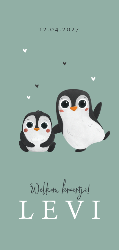 Geboortekaartjes - Geboortekaartje broertje zusje pinguïns hartjes lief