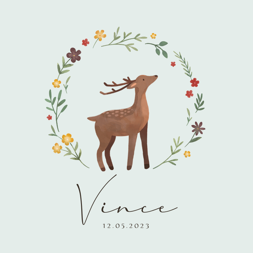 Geboortekaartje dieren hertje bloemen vogel jongen lief - Geboortekaartjes Geboortekaartjes - Geboortekaartje dieren hertje bloemen vogel jongen lief