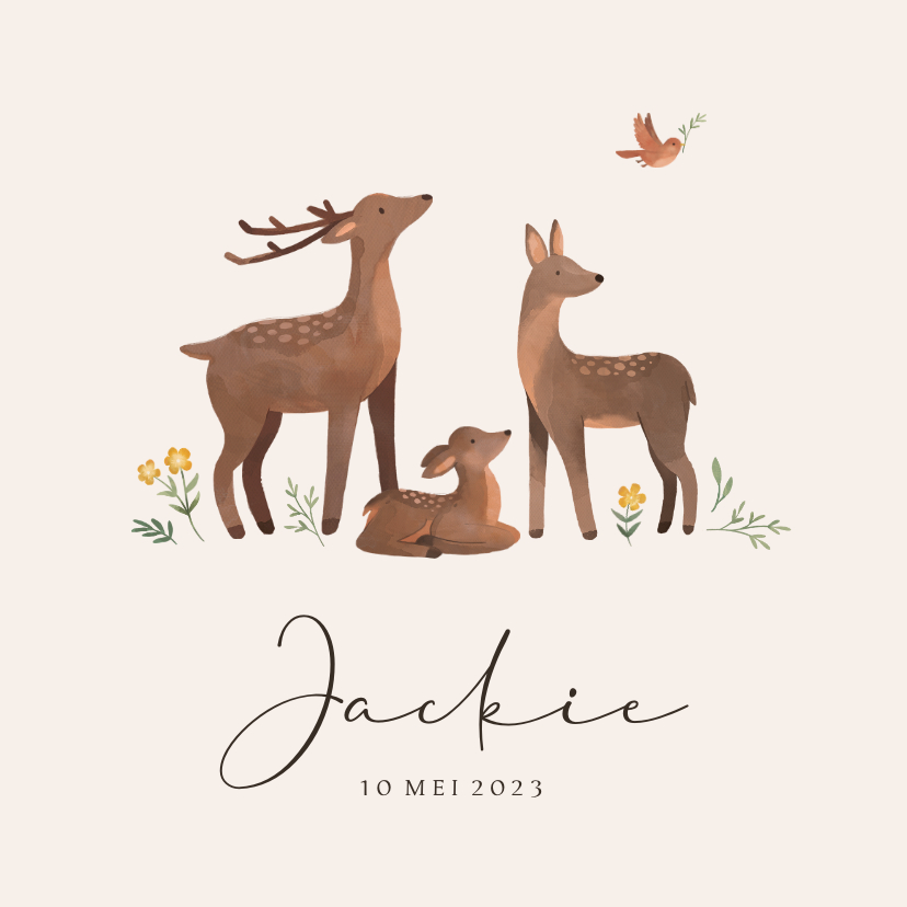 Geboortekaartje dieren hertjes bloemen vogel lief - Geboortekaartjes Geboortekaartjes - Geboortekaartje dieren hertjes bloemen vogel lief