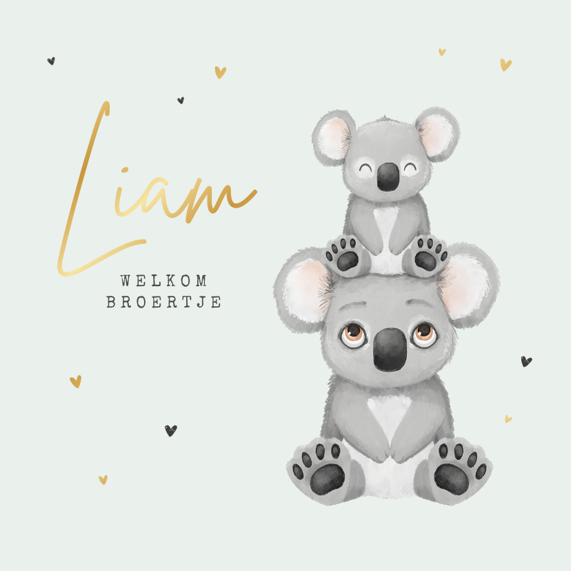 Geboortekaartje dieren koala broertje zusje hartjes goud - Geboortekaartjes Geboortekaartjes - Geboortekaartje dieren koala broertje zusje hartjes goud