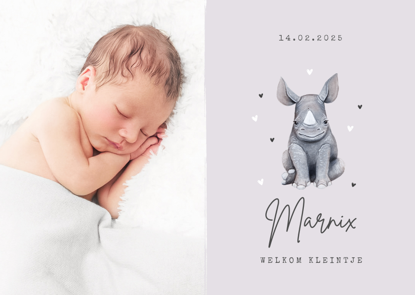 Geboortekaartjes - Geboortekaartje dieren neushoorn hartjes foto