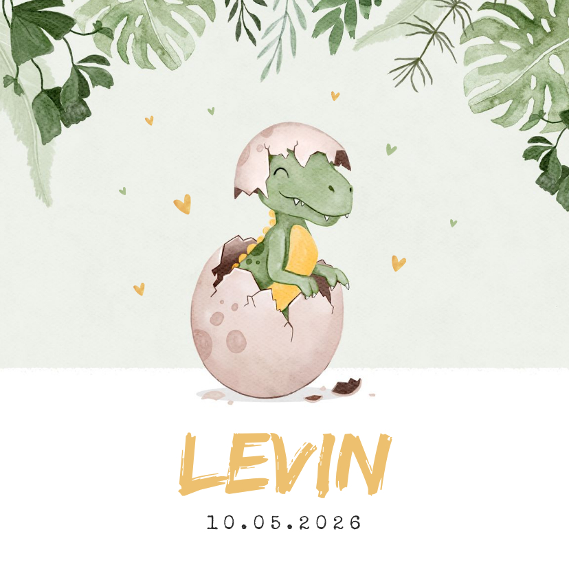 Geboortekaartjes - Geboortekaartje dino t-rex jungle hartjes waterverf