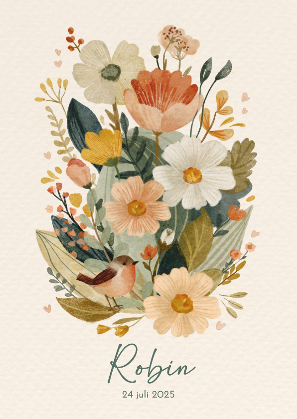Geboortekaartje dochter met stijlvolle bloemen en vogeltje - Geboortekaartjes Geboortekaartjes - Geboortekaartje dochter met stijlvolle bloemen en vogeltje