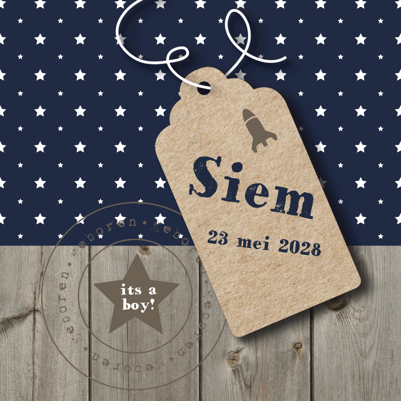 Geboortekaartje donkerblauw met sterren en hout - Geboortekaartjes Geboortekaartjes - Geboortekaartje donkerblauw met sterren en hout