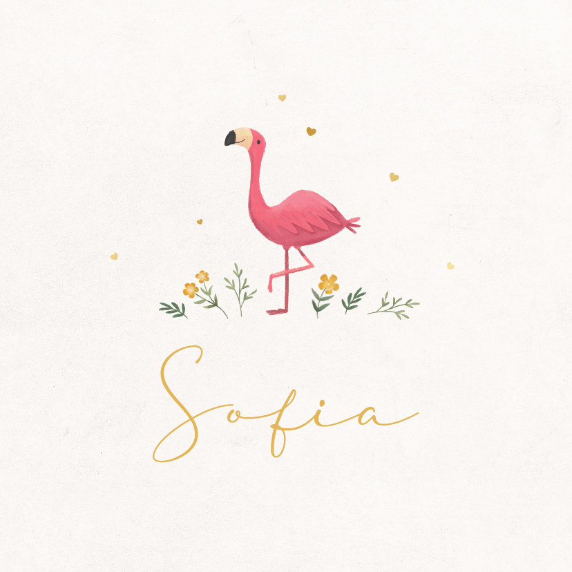 Geboortekaartjes - Geboortekaartje flamingo minimalistisch hartjes goud bloemen