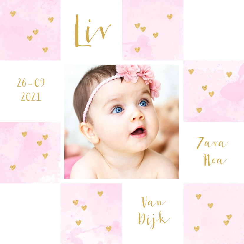 Geboortekaartjes - Geboortekaartje foto aquarel hartjes vakjes