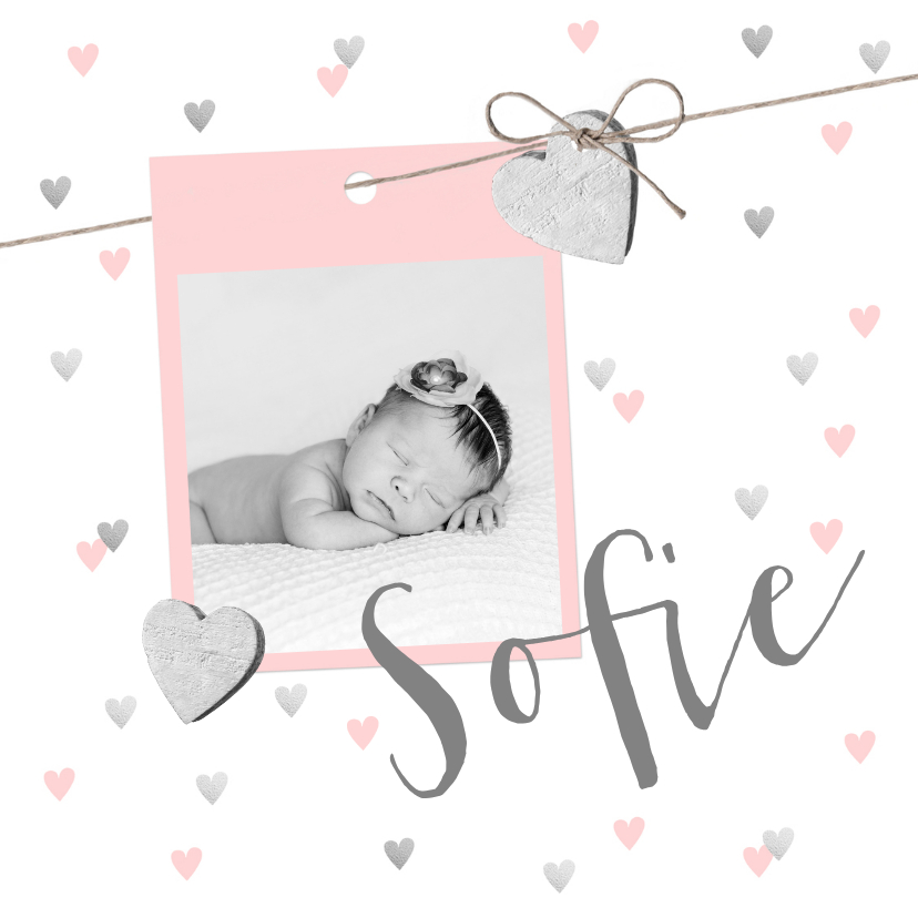 Geboortekaartje foto hartjes touwtje roze - Geboortekaartjes Geboortekaartjes - Geboortekaartje foto hartjes touwtje roze