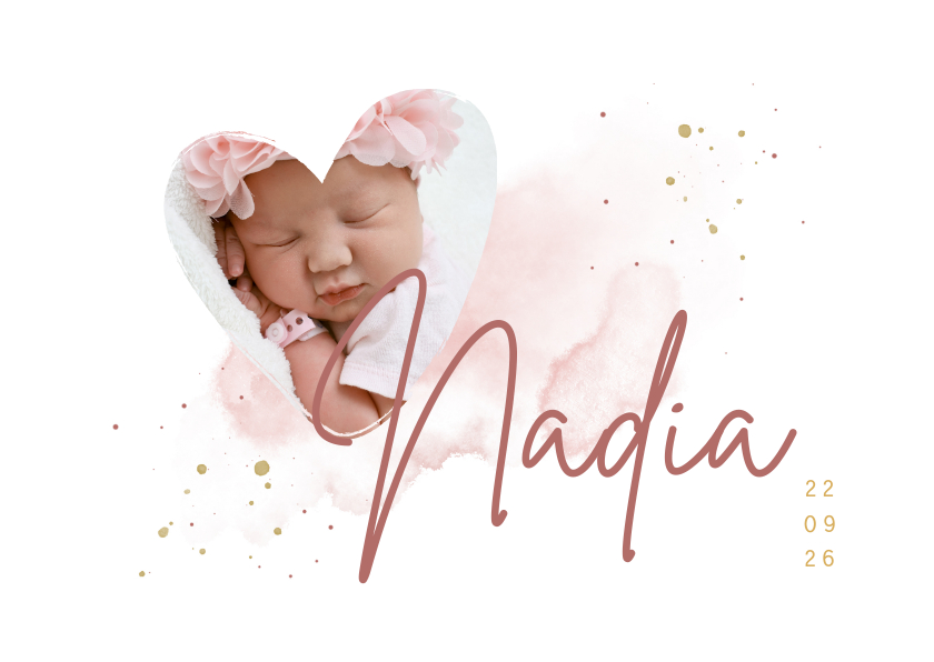Geboortekaartjes - Geboortekaartje foto in hartjesvorm roze aquarel grote naam