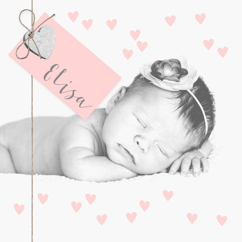 Geboortekaartjes - Geboortekaartje foto label hartjes roze 