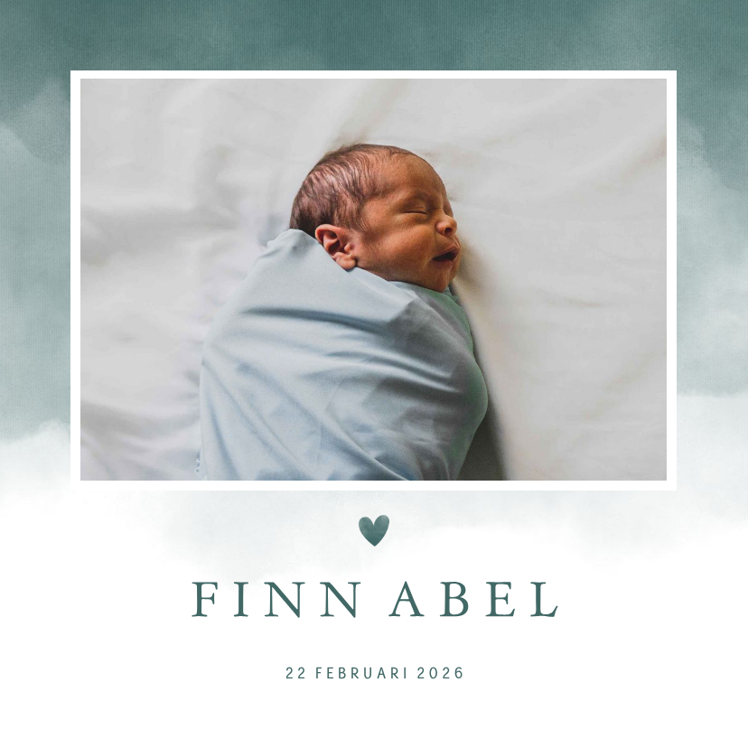 Geboortekaartjes - Geboortekaartje foto petrol blauwe waterverf met hartje