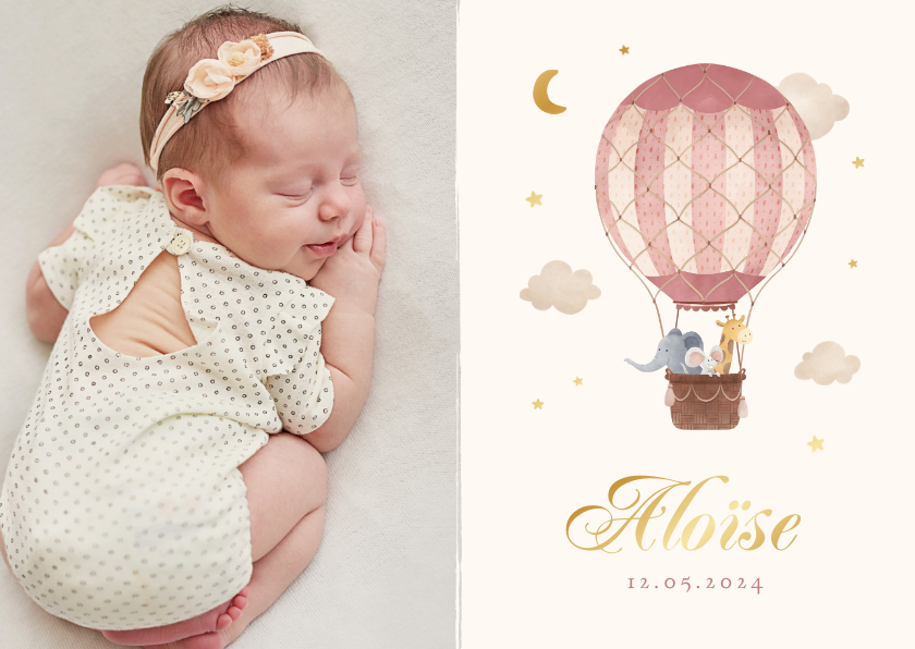Geboortekaartjes - Geboortekaartje foto roze dieren luchtballon vintage sterren