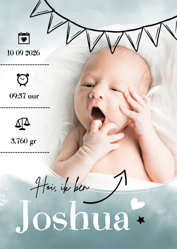 Geboortekaartjes - Geboortekaartje foto turquoise waterverf & slinger