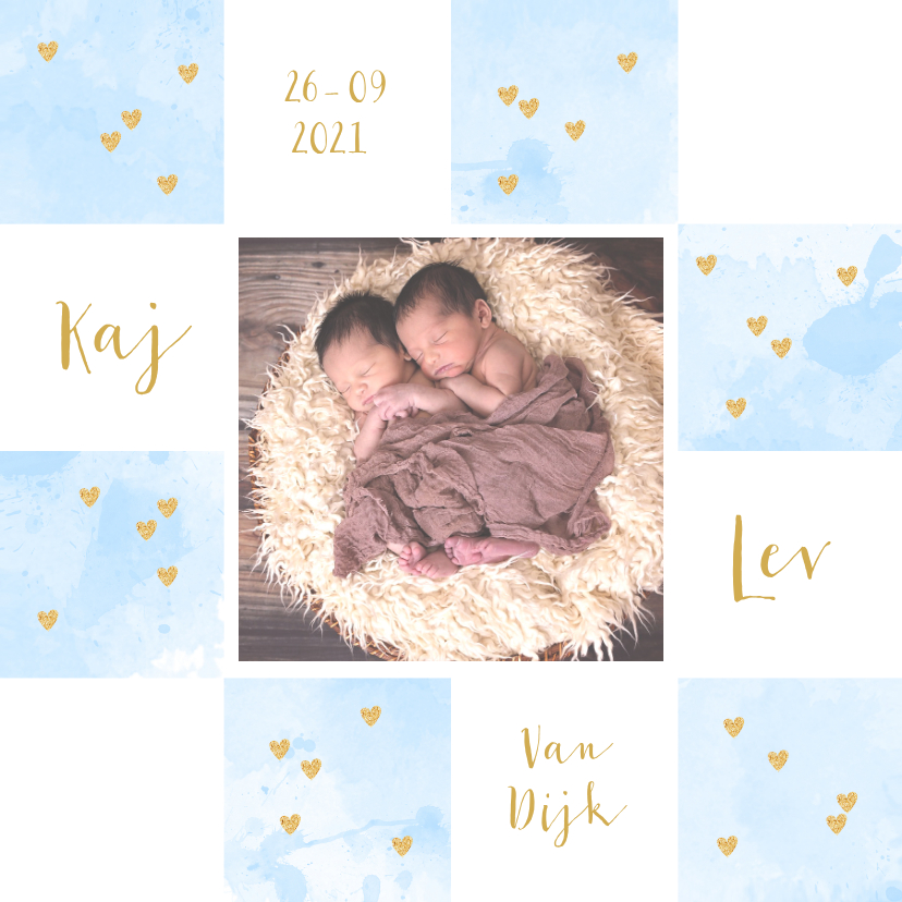 Geboortekaartje foto tweeling aquarel hartjes lichtblauw - Geboortekaartjes Geboortekaartjes - Geboortekaartje foto tweeling aquarel hartjes lichtblauw