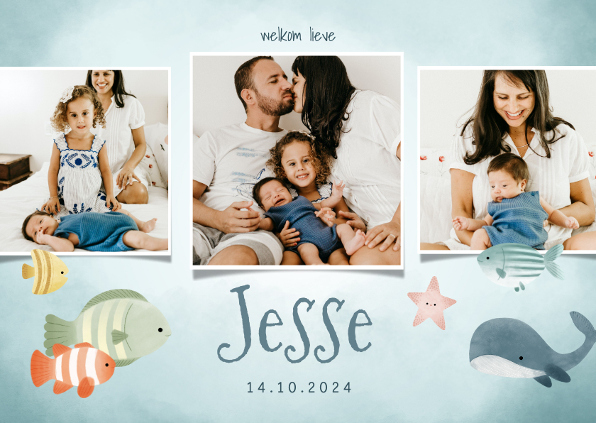 Geboortekaartje fotocollage jongetje met vissen en walvis - Geboortekaartjes Geboortekaartjes - Geboortekaartje fotocollage jongetje met vissen en walvis
