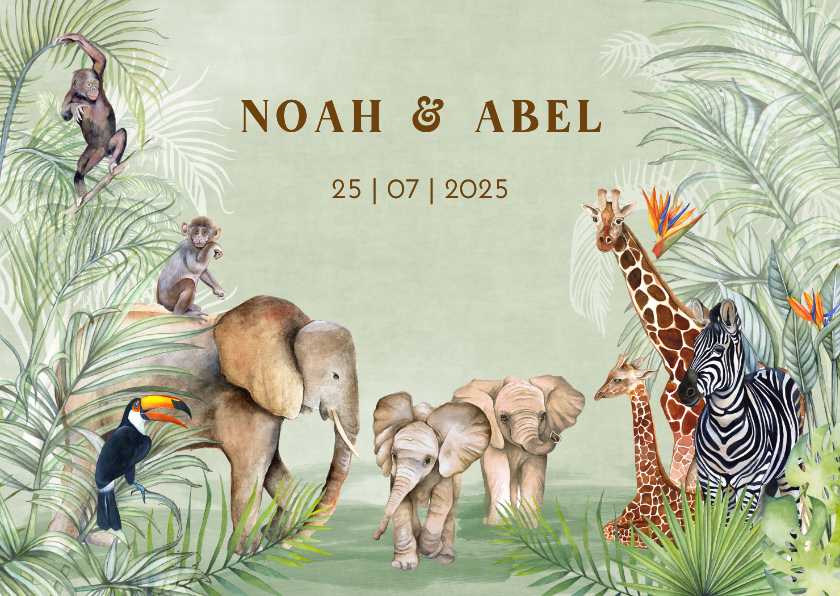 Geboortekaartje geboorte tweeling jungle - Geboortekaartjes Geboortekaartjes - Geboortekaartje geboorte tweeling jungle