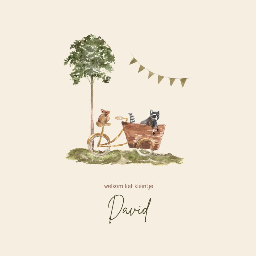 Geboortekaartjes - Geboortekaartje getekend bakfiets wasbeer en konijn
