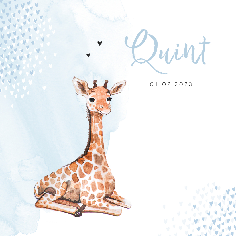 Geboortekaartjes - Geboortekaartje giraf hartjes blauw waterverf
