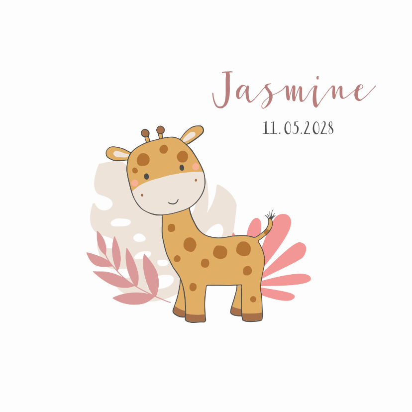 Geboortekaartjes - Geboortekaartje - Giraf met jungle bladeren meisje