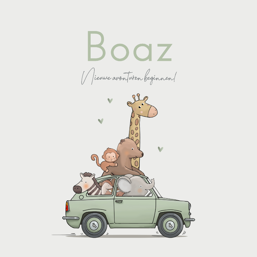 Geboortekaartje groene auto met dieren - Geboortekaartjes Geboortekaartjes - Geboortekaartje groene auto met dieren