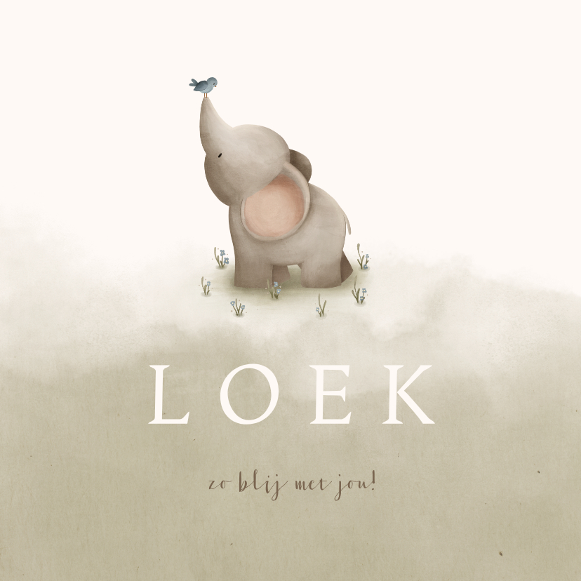 Geboortekaartjes - Geboortekaartje groene waterverf lief olifantje
