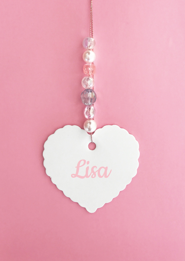 Geboortekaartje hartje label kralen roze - Geboortekaartjes Geboortekaartjes - Geboortekaartje hartje label kralen roze