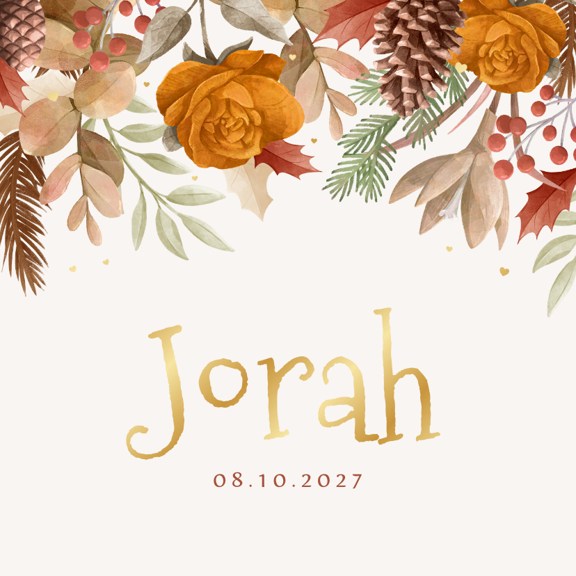 Geboortekaartje herfst bloemen hartjes goud stijlvol unisex - Geboortekaartjes Geboortekaartjes - Geboortekaartje herfst bloemen hartjes goud stijlvol unisex