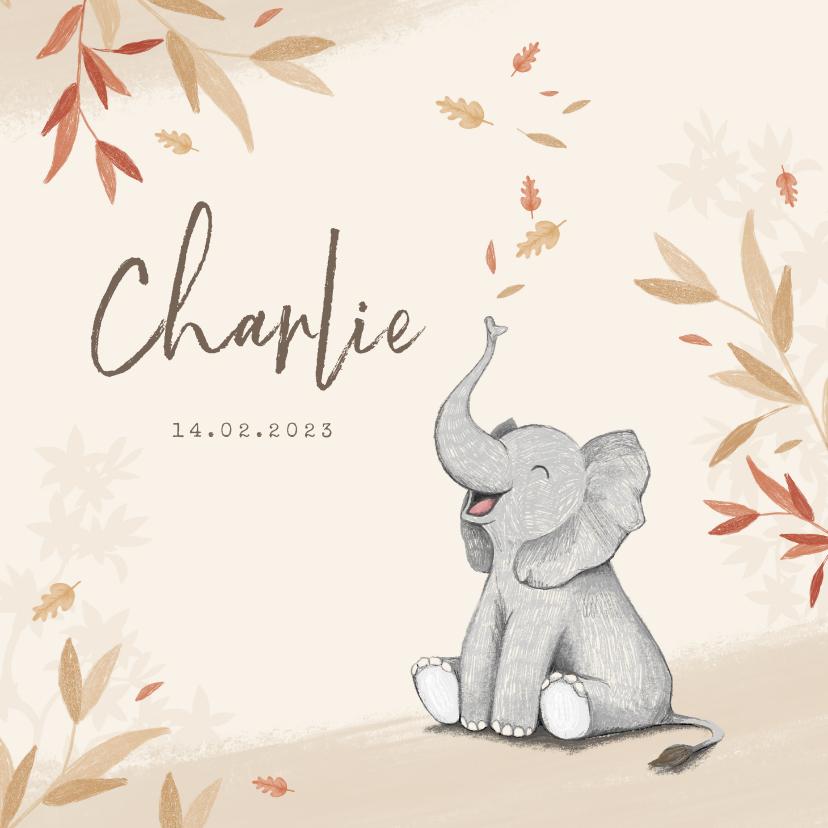 Geboortekaartje herfst olifant unisex blaadjes jongen meisje - Geboortekaartjes Geboortekaartjes - Geboortekaartje herfst olifant unisex blaadjes jongen meisje