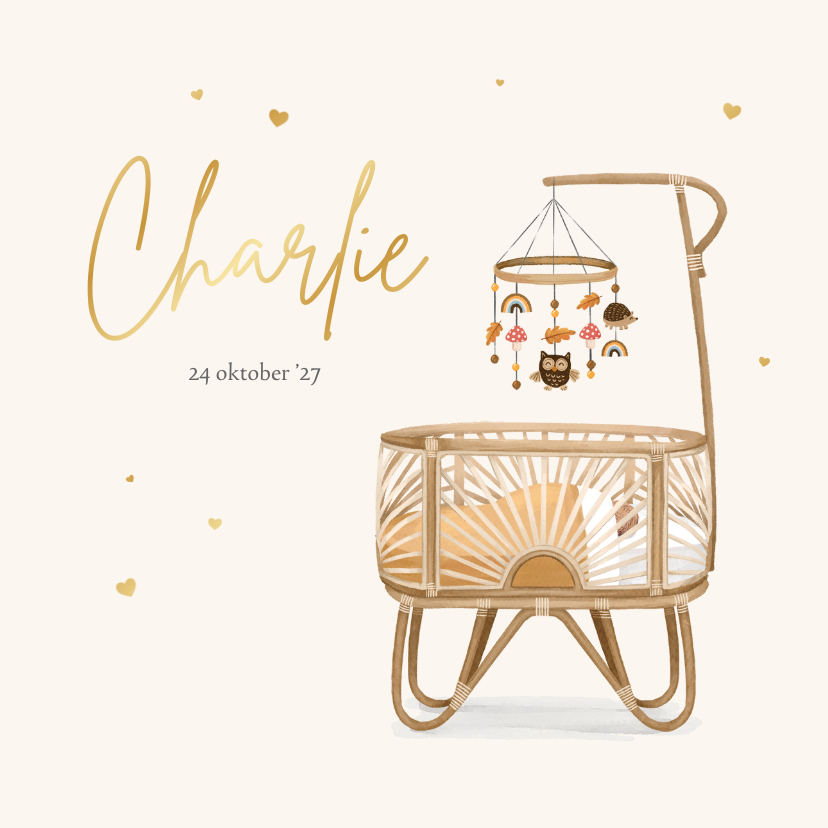 Geboortekaartje herfst rotan wiegje hartjes unisex - Geboortekaartjes Geboortekaartjes - Geboortekaartje herfst rotan wiegje hartjes unisex
