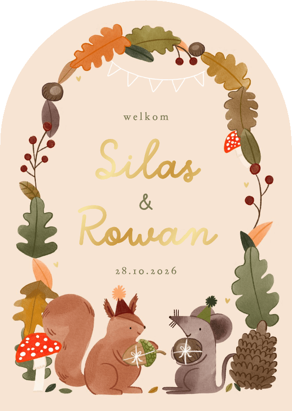 Geboortekaartje herfst tweeling boog bosdieren bruin - Geboortekaartjes Geboortekaartjes - Geboortekaartje herfst tweeling boog bosdieren bruin