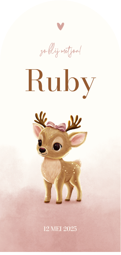 Geboortekaartjes - Geboortekaartje hertje boog met strik roze waterverf