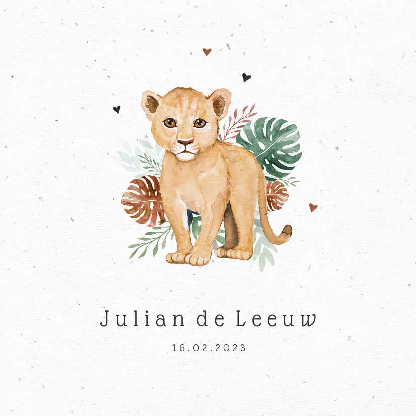 Geboortekaartje hip illustratie leeuw jungle unisex foto - Geboortekaartjes Geboortekaartjes - Geboortekaartje hip illustratie leeuw jungle unisex foto