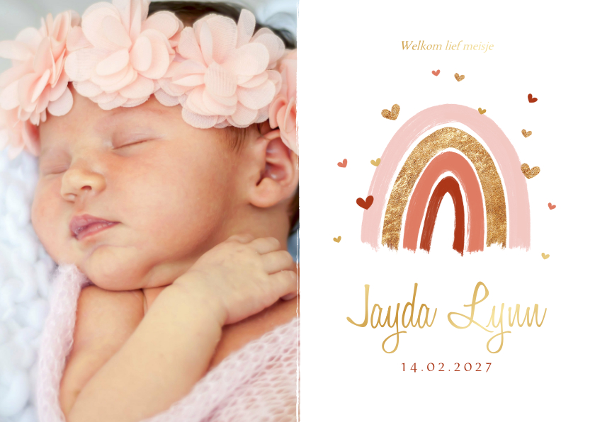 Geboortekaartjes - Geboortekaartje hip meisje regenboog roze goud foto