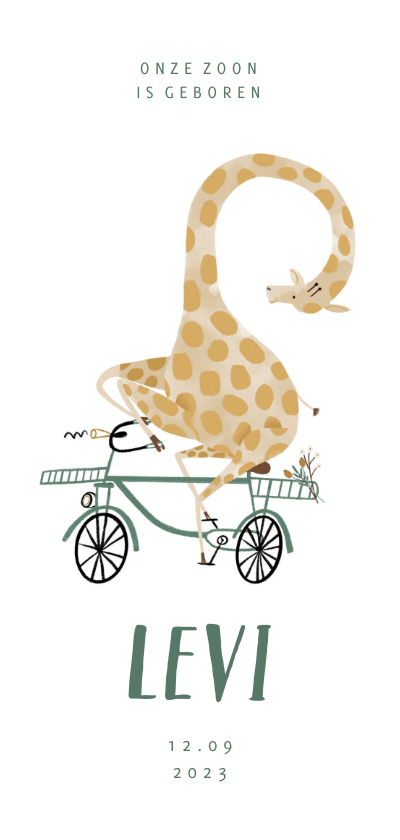 Geboortekaartje hip met giraf op de fiets illustratie - Geboortekaartjes Geboortekaartjes - Geboortekaartje hip met giraf op de fiets illustratie
